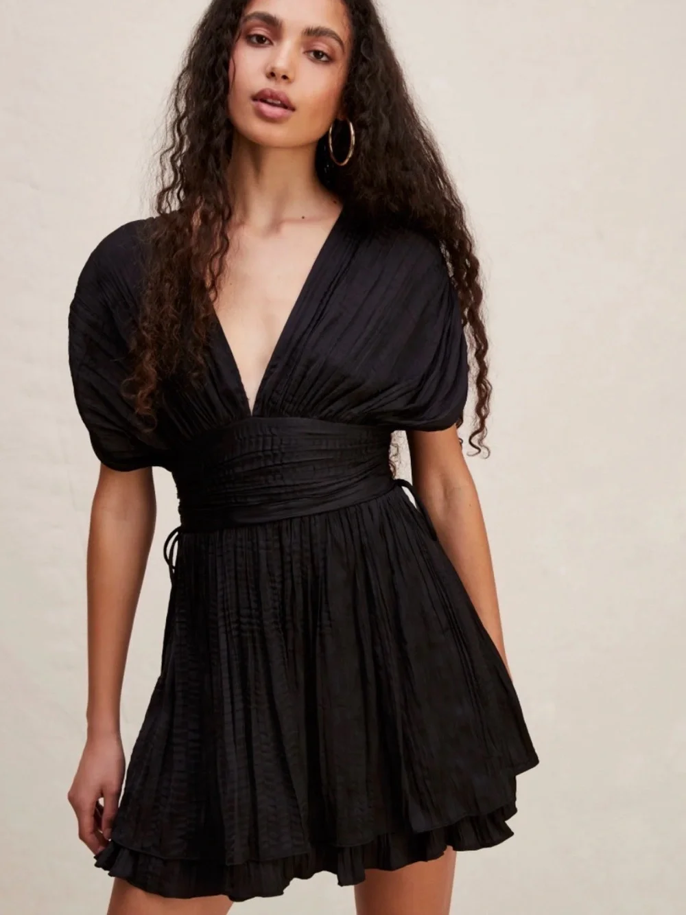 Free People Black Pleated V-Neck Mini Dress